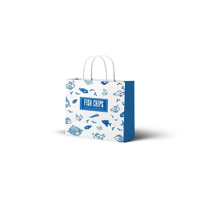 300*250*140 mmMedium White KraftCarrier Bag/ Blue "fishchips*/Green/Colourful "Enjoy pack of 250