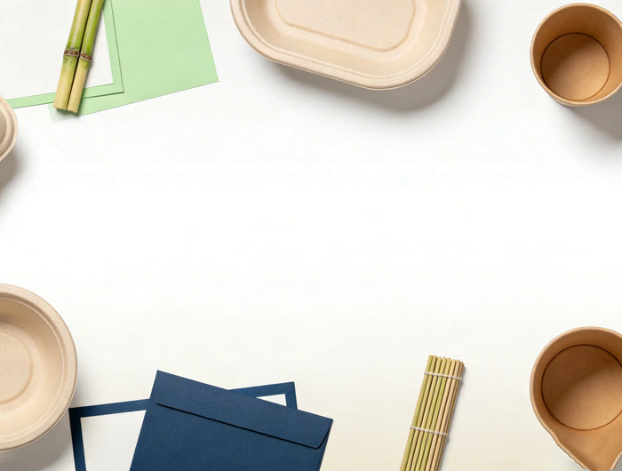 Minimalist eco-friendly website banner for contact page, soft green gradient background with sustainable takeaway packaging, clean professional design for UK food service packaging supplier