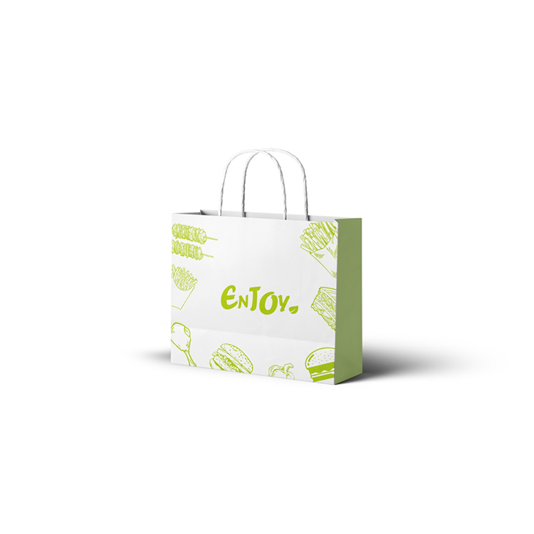 Medium White Kraft Carrier Bag/ Blue “fish chips”/Green/Colourful “Enjoy” [300X250X140 mm] (a pack of 250)