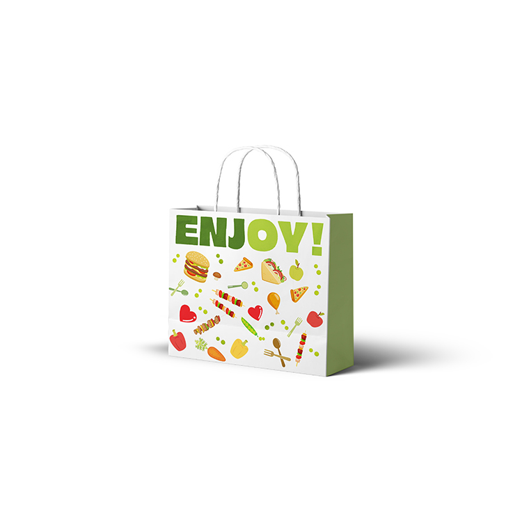 Medium White Kraft Carrier Bag/ Blue “fish chips”/Green/Colourful “Enjoy” [300X250X140 mm] (a pack of 250)