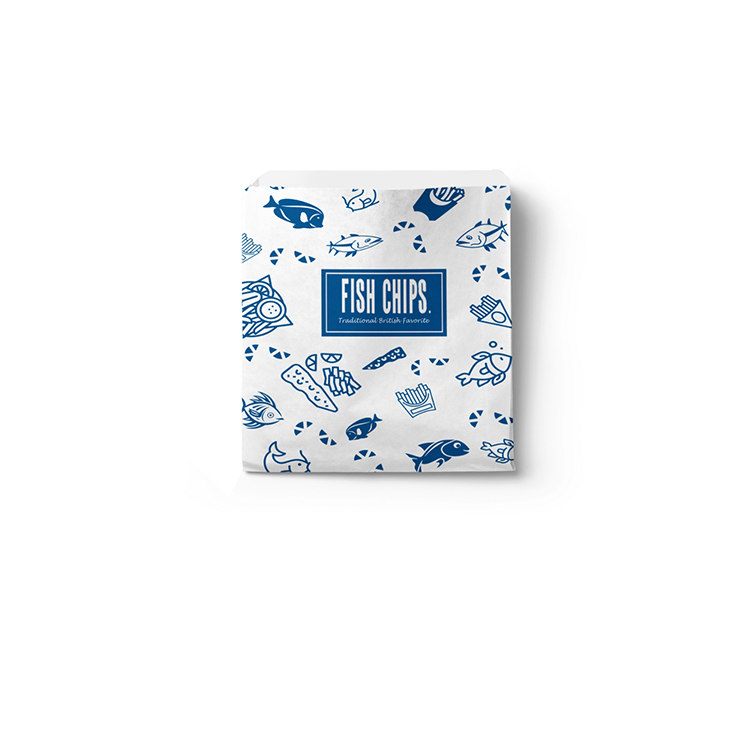 7 inch*7 inch Greaseproof Paper bag/Blue/Blue Orange “fish chips” [180x180mm] (a pack of 100)