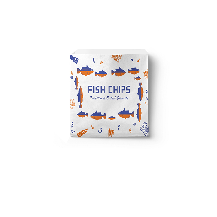 7 inch*7 inch Greaseproof Paper bag/Blue/Blue Orange “fish chips” [180x180mm] (a pack of 100)